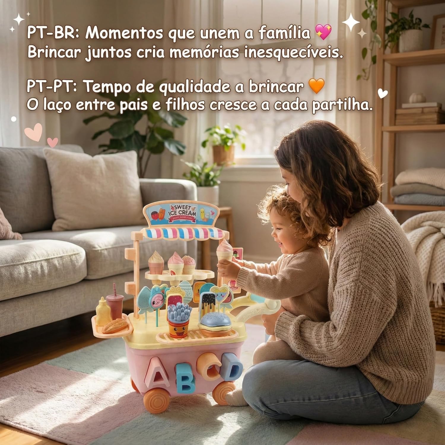 Carrinho de Sorvete e Lanchonete de Brinquedo com 41 Peças Coloridas Blocos de Encaixe Geométricos e Alfabeto Atividades Educativas e Faz de Conta Cores Tons Pastel - Imagem 5