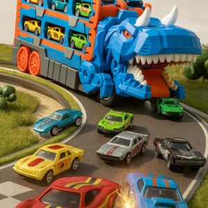 Caminhão Dinossauro Com Pista de Corrida - Engole Carrinho Transportador Acompanha 6 Carrinhos e Pista de Corrida Caminhão 2 em 1 Diversão para Toda Criança - AZUL