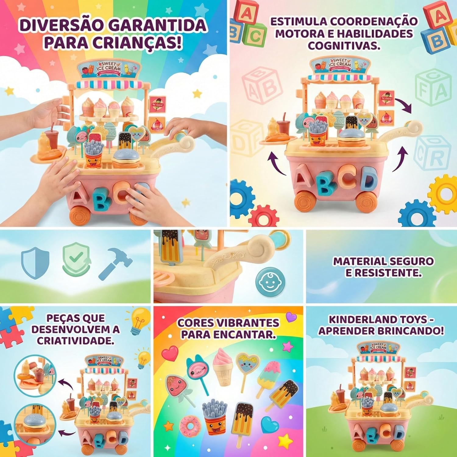 Carrinho de Sorvete e Lanchonete de Brinquedo com 41 Peças Coloridas Blocos de Encaixe Geométricos e Alfabeto Atividades Educativas e Faz de Conta Cores Tons Pastel - Imagem 2