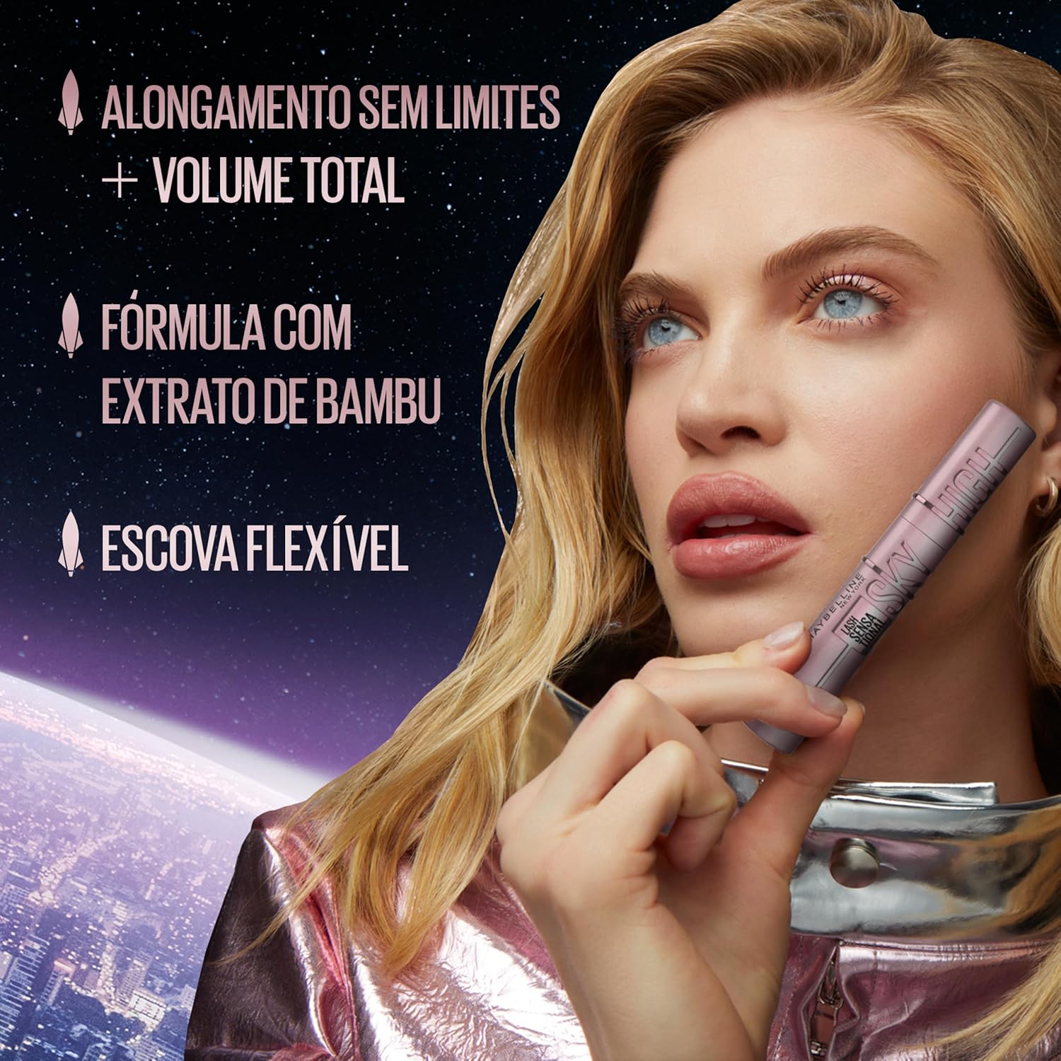 Maybelline NY Lash Sensational Sky High Máscara de Cílios Lavável, Escova Flexível, Alongamento Sem Limites com Extrato de Bambu e Fibras, Impacto de Todos os Ângulos, Preto 7,2ml - Imagem 2
