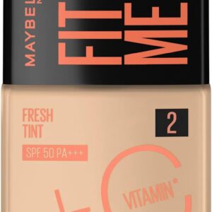 Maybelline NY Fit Me Fresh Tint Base Líquida, Proporciona Efeito Glow Natural, Controla a Oleosidade e Uniformiza a Pele com Vitamina C e FPS 50, Cor 02, 30ml