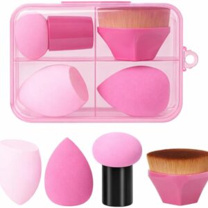 Kit Esponjas e Pincel Hexagonal para Maquiagem com ESTOJO – 1 Esponja Cogumelo/Pirulito, 1 Pincel Hexagonal, 2 Esponjas Gota – Profissional Para Base, Corretivo, Pó, Blush – Cores Sortidas