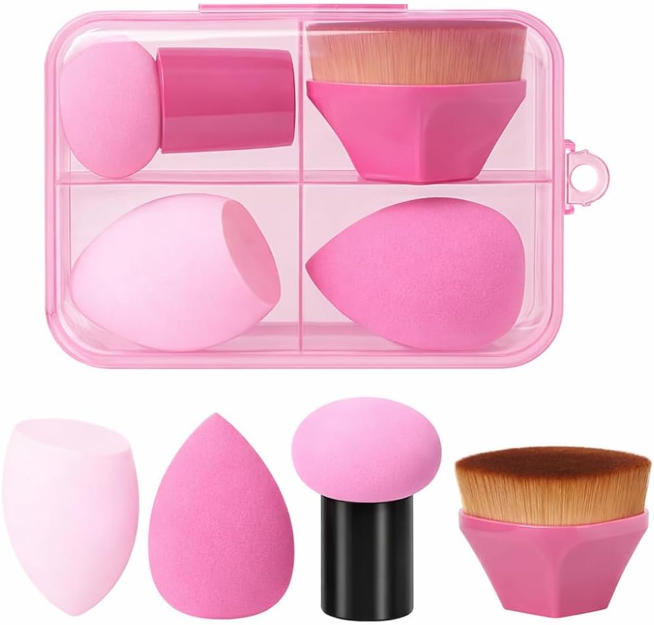 Kit Esponjas e Pincel Hexagonal para Maquiagem com ESTOJO – 1 Esponja Cogumelo/Pirulito, 1 Pincel Hexagonal, 2 Esponjas Gota – Profissional Para Base, Corretivo, Pó, Blush – Cores Sortidas