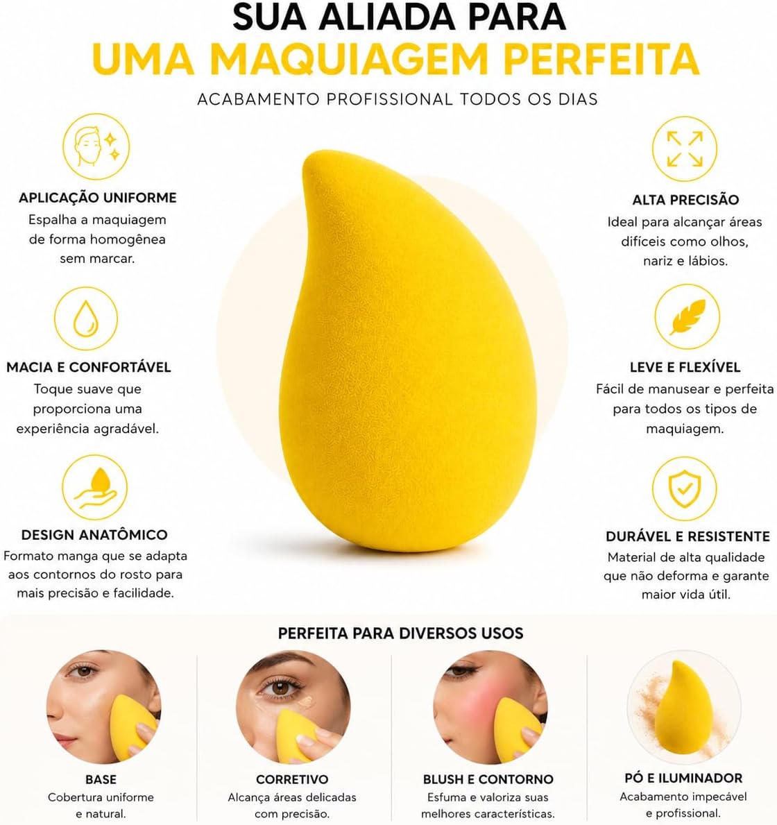 Esponja de Maquiagem Formato Manga Amarela | Esponja para Base e Corretivo | Acabamento Uniforme | Macia e Anatômica - Imagem 5