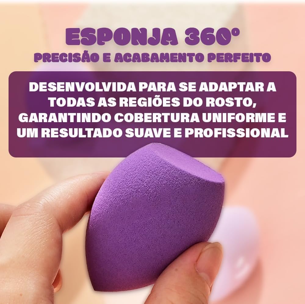 Kit Esponjas e Pincel Hexagonal para Maquiagem com ESTOJO – 1 Esponja Cogumelo/Pirulito, 1 Pincel Hexagonal, 2 Esponjas Gota – Profissional Para Base, Corretivo, Pó, Blush – Cores Sortidas - Imagem 5