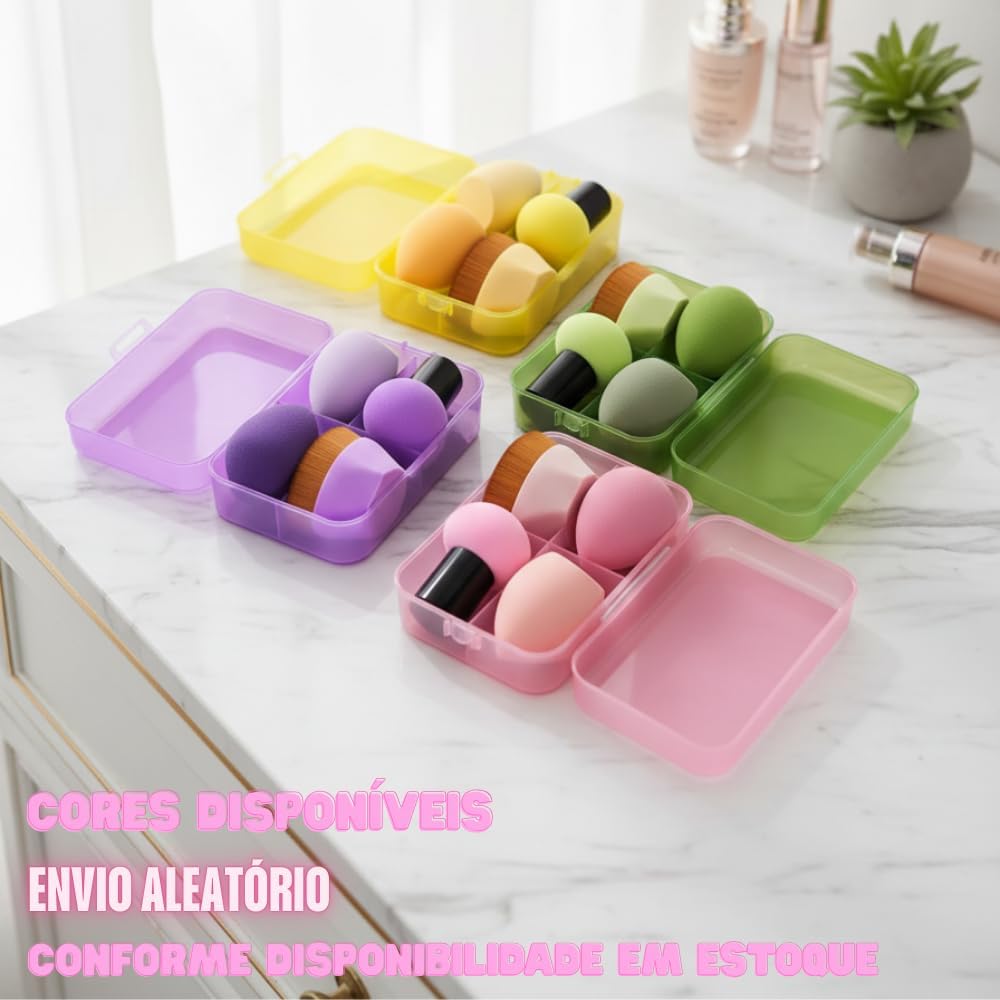 Kit Esponjas e Pincel Hexagonal para Maquiagem com ESTOJO – 1 Esponja Cogumelo/Pirulito, 1 Pincel Hexagonal, 2 Esponjas Gota – Profissional Para Base, Corretivo, Pó, Blush – Cores Sortidas - Imagem 6
