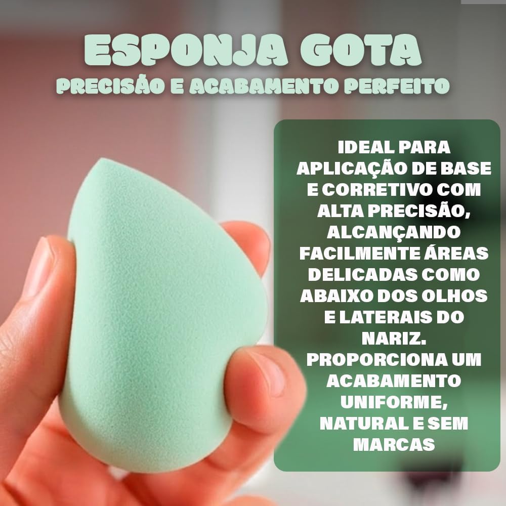Kit Esponjas e Pincel Hexagonal para Maquiagem com ESTOJO – 1 Esponja Cogumelo/Pirulito, 1 Pincel Hexagonal, 2 Esponjas Gota – Profissional Para Base, Corretivo, Pó, Blush – Cores Sortidas - Imagem 2
