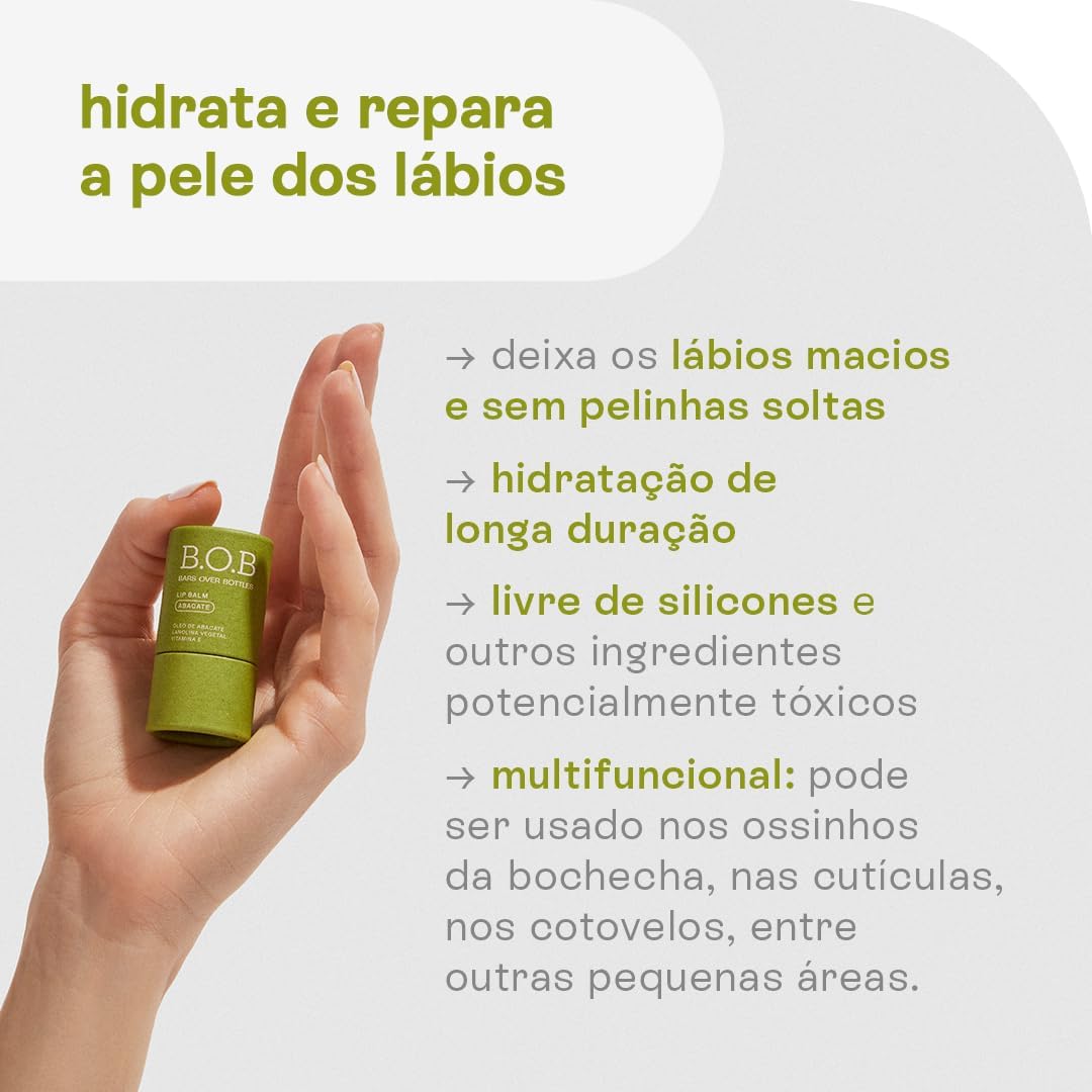 B.O.B Bars Over Bottles Lip Balm Abacate | Natural, vegano, livre de crueldade, sustentável, livre de plástico, waterless, hidrata e repara a pele dos lábios - Imagem 2