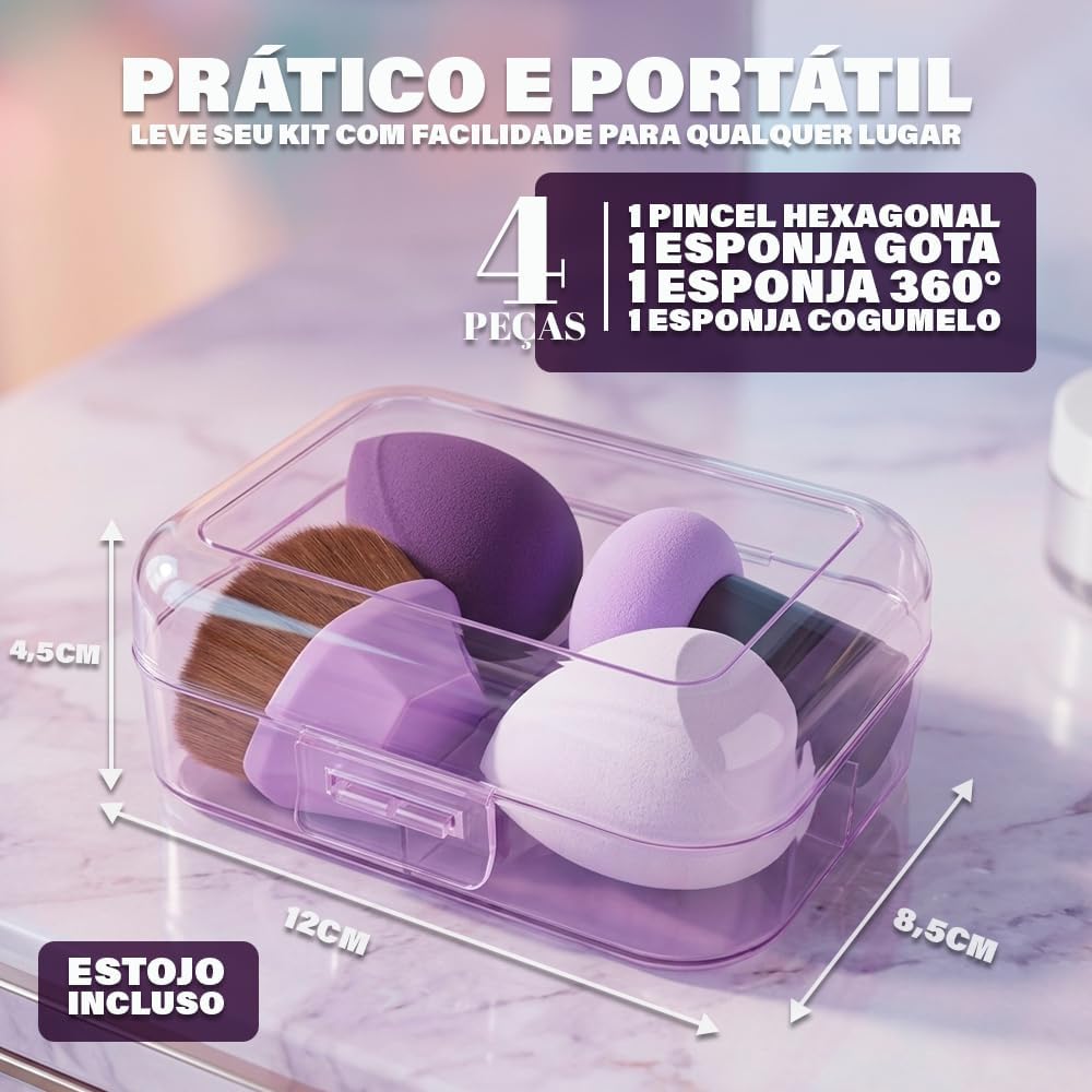 Kit Esponjas e Pincel Hexagonal para Maquiagem com ESTOJO – 1 Esponja Cogumelo/Pirulito, 1 Pincel Hexagonal, 2 Esponjas Gota – Profissional Para Base, Corretivo, Pó, Blush – Cores Sortidas - Imagem 7