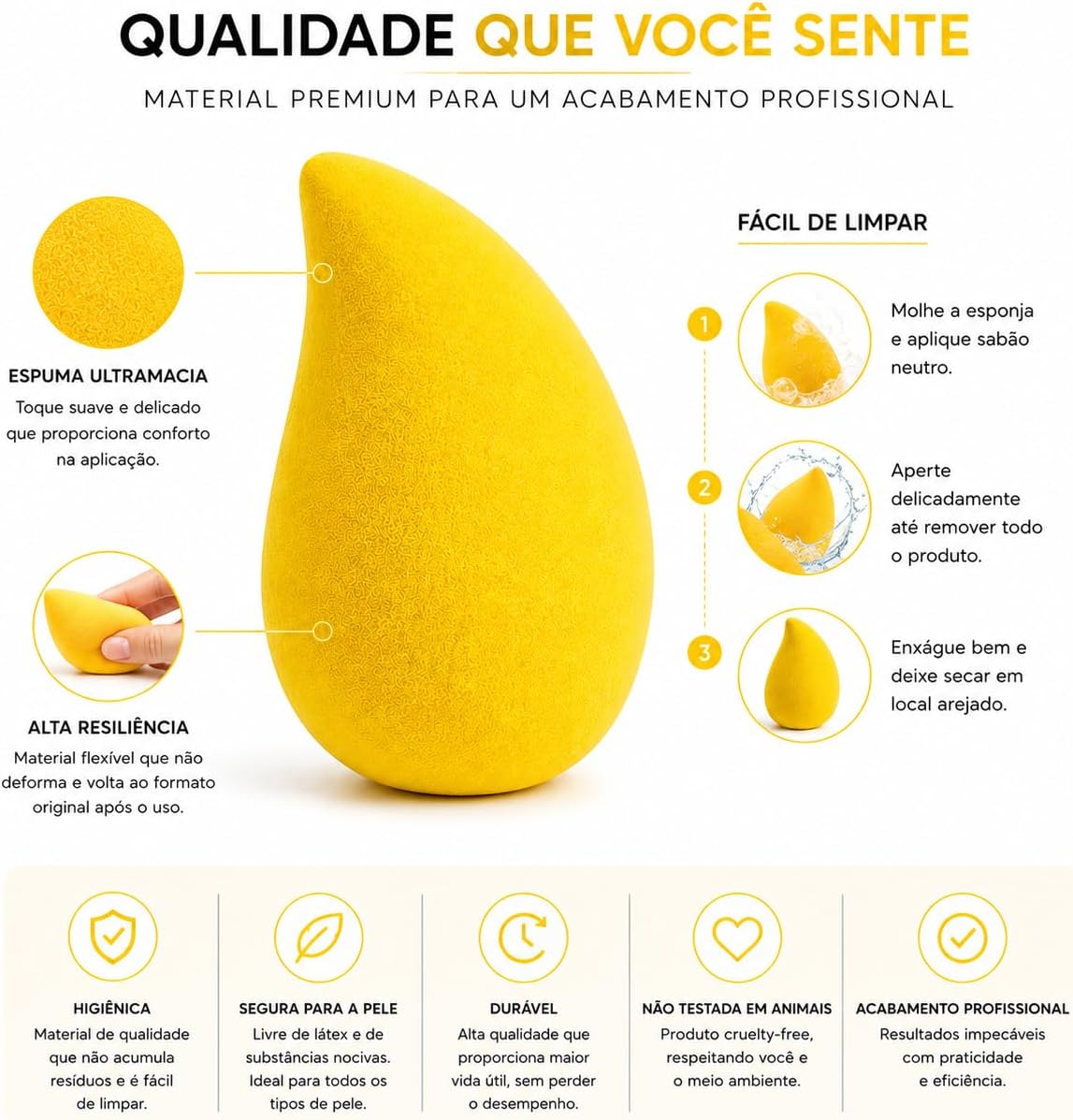 Esponja de Maquiagem Formato Manga Amarela | Esponja para Base e Corretivo | Acabamento Uniforme | Macia e Anatômica - Imagem 6