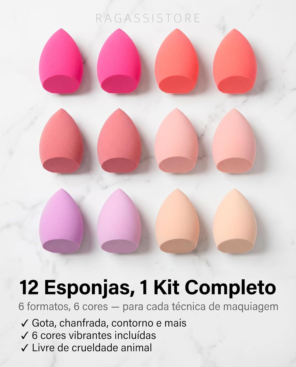 Kit 12 Esponja De Maquiagem Facial Chanfrada Gota Espuma Para Base Corretivo Pó Contorno - Imagem 6