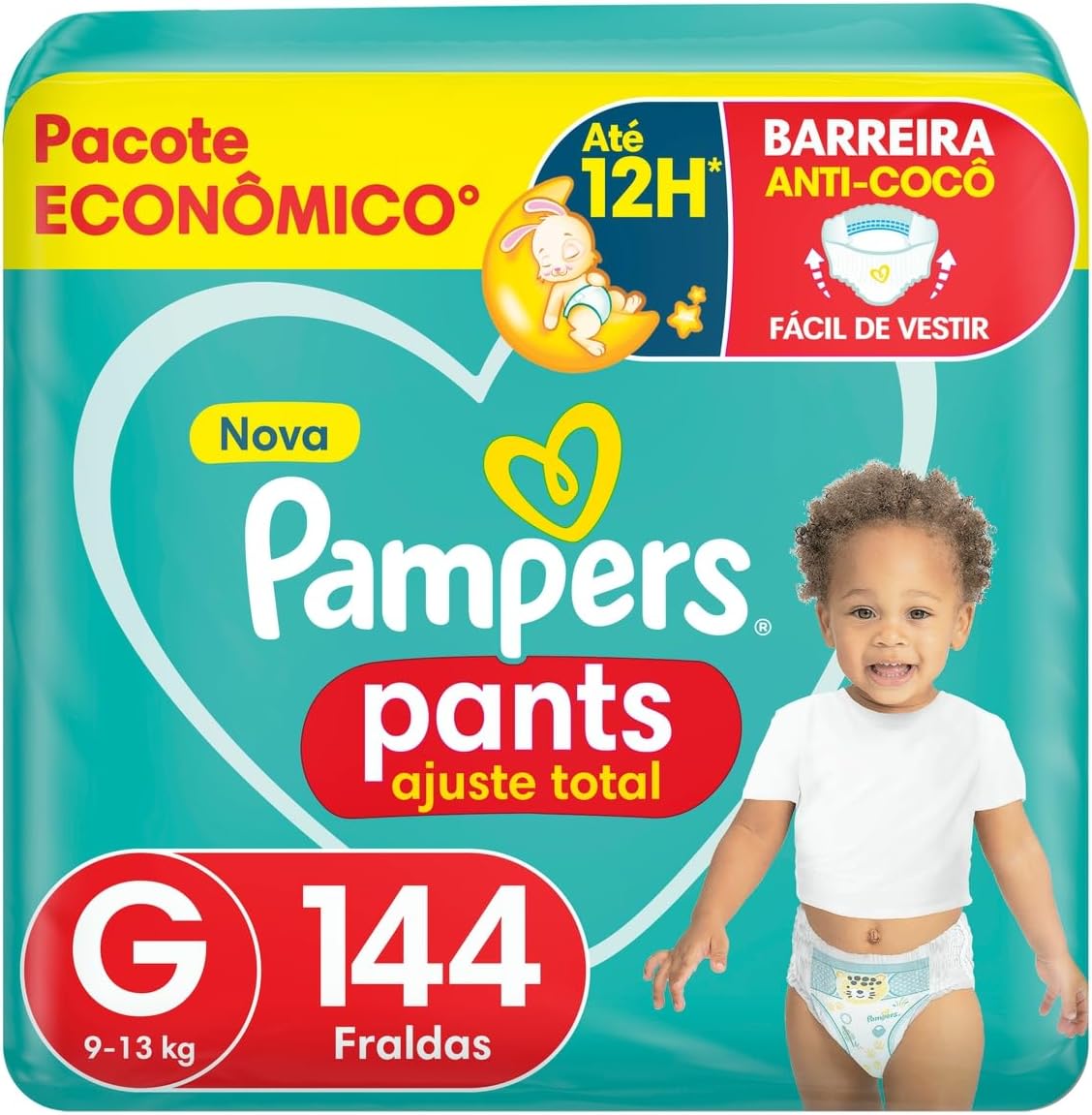 Fralda Descartável Pampers Pants Ajuste Total - Tamanho G, 144 Unidades - Fácil de vestir, Barreira Anti-Cocô Proteção de até Zero Vazamentos, Cobertura Suave com Loção Hipoalergênica para seu Bebê