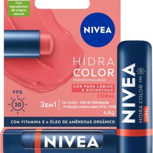 NIVEA Hidratante Labial Hidra Color 3 em 1 Coral 4,8g, Cor Intensa, Hidratação 24h, Proteção UVA/UVB, Lábios e Bochechas