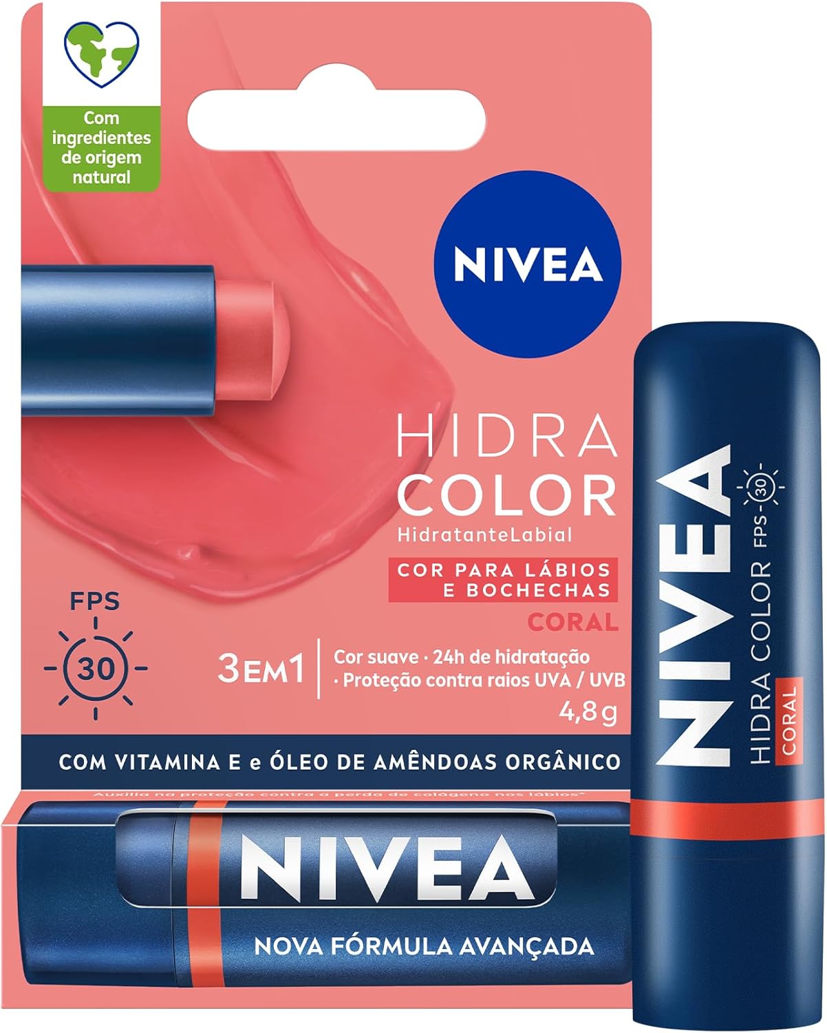 NIVEA Hidratante Labial Hidra Color 3 em 1 Coral 4,8g, Cor Intensa, Hidratação 24h, Proteção UVA/UVB, Lábios e Bochechas