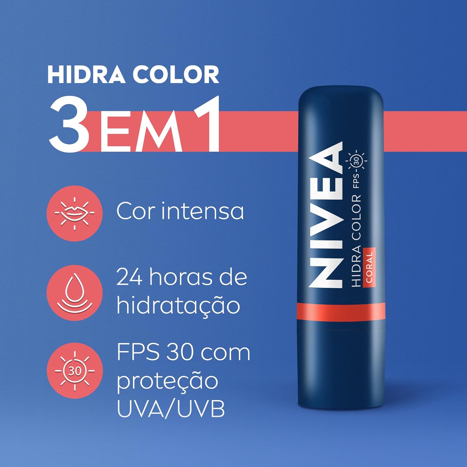 NIVEA Hidratante Labial Hidra Color 3 em 1 Coral 4,8g, Cor Intensa, Hidratação 24h, Proteção UVA/UVB, Lábios e Bochechas - Imagem 2