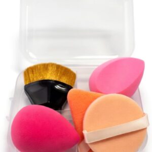Kit Esponjas Maquiagem Profissional 4 em 1 + Pincel Kabuki + Estojo Transparente | Látex Macio, Aplicação Perfeita de Base, Corretivo e Pó | Rosa, Pêssego e Preto