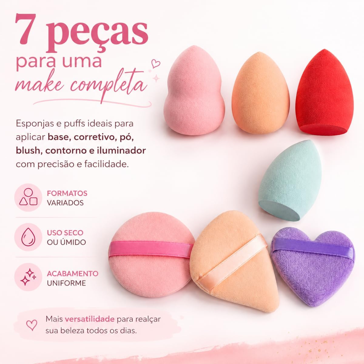 Kit 7 Esponjas de Maquiagem Macias Aplicadoras para Base Corretivo Pó Blush Contorno Iluminador Uso Seco ou Úmido com Formatos Variados - Imagem 4