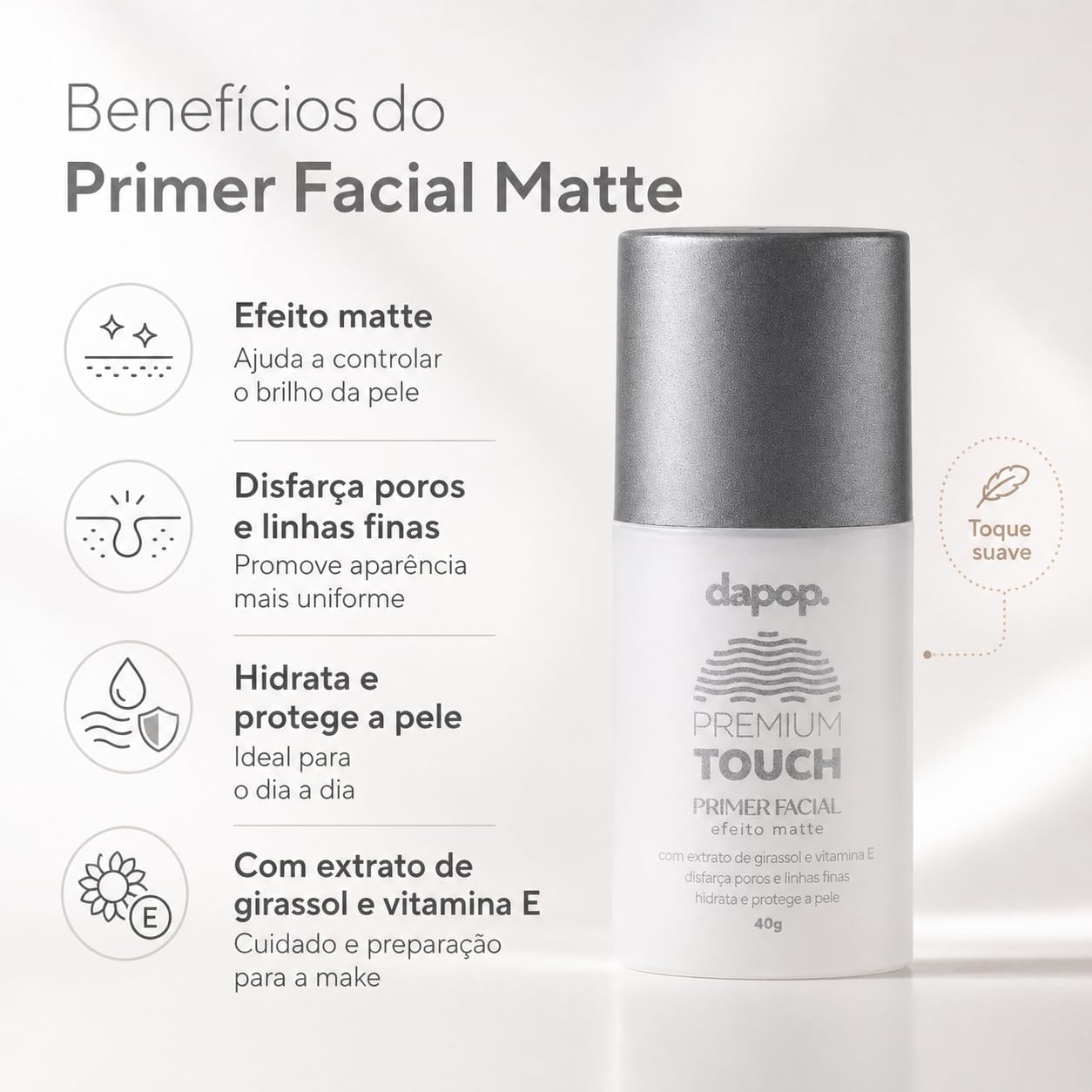 Primer Facial Matte Aveludado Premium Touch Controla oleosidade, Minimiza Poros imperfeições - Imagem 4
