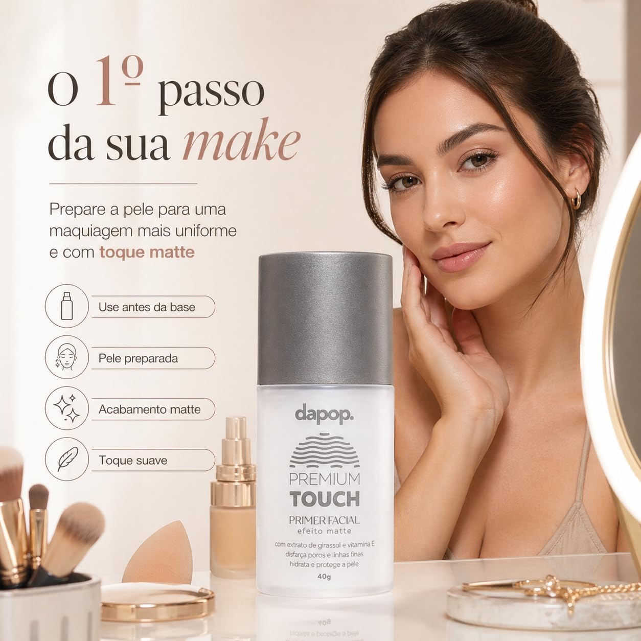 Primer Facial Matte Aveludado Premium Touch Controla oleosidade, Minimiza Poros imperfeições - Imagem 8