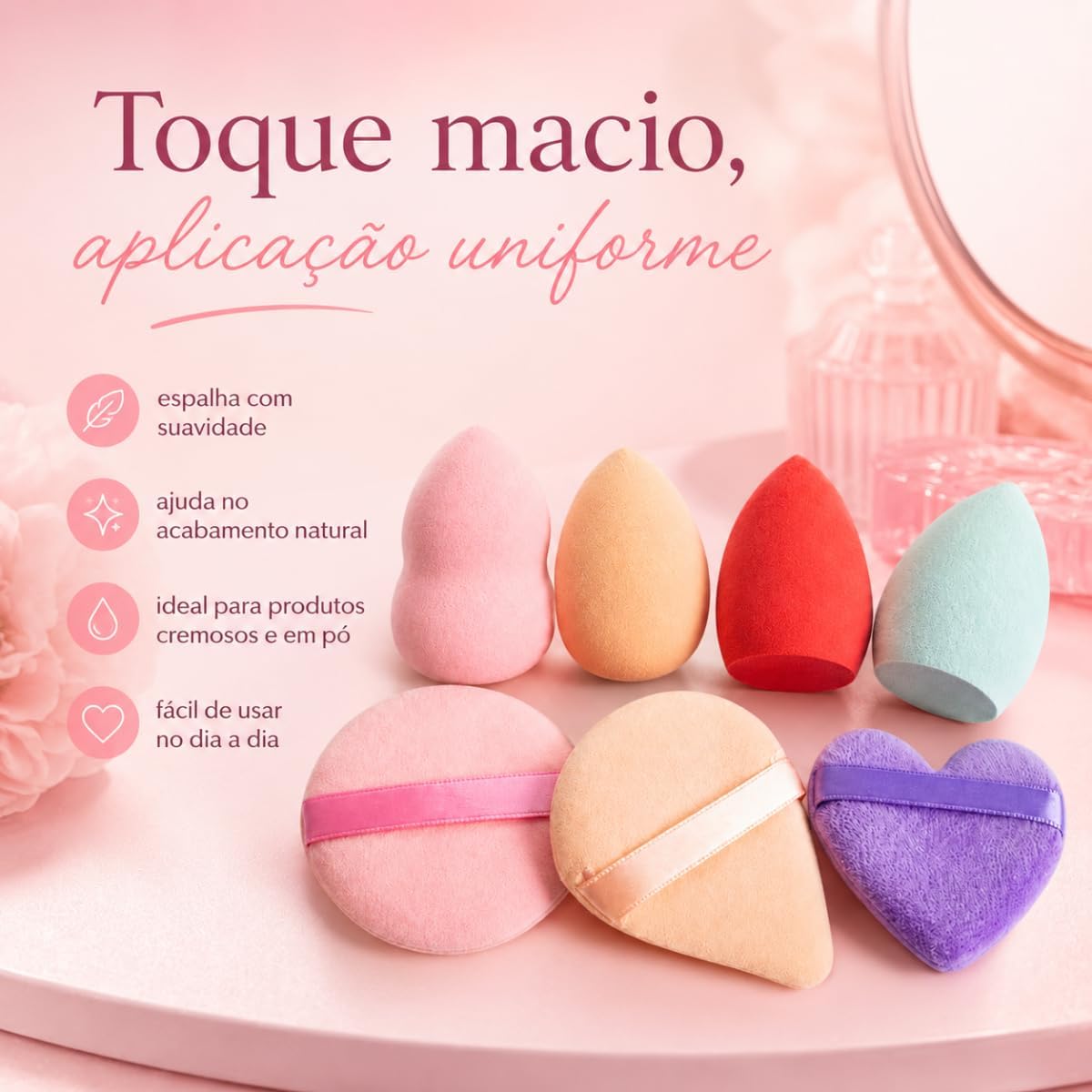 Kit 7 Esponjas de Maquiagem Macias Aplicadoras para Base Corretivo Pó Blush Contorno Iluminador Uso Seco ou Úmido com Formatos Variados - Imagem 5