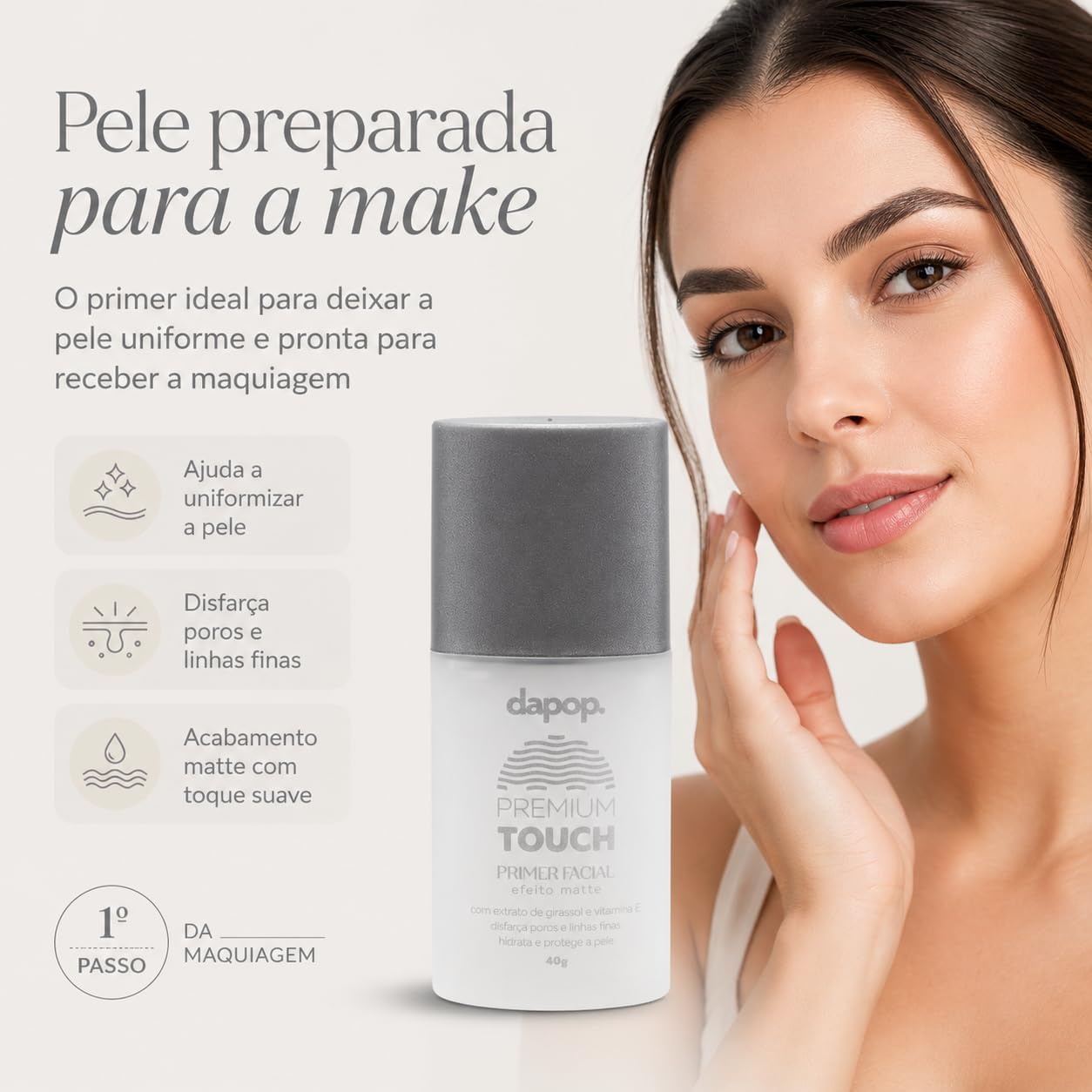 Primer Facial Matte Aveludado Premium Touch Controla oleosidade, Minimiza Poros imperfeições - Imagem 5