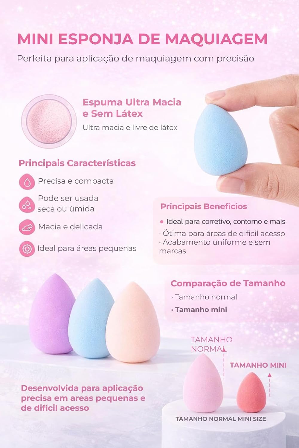 Kit 5 Mini Esponjas de Maquiagem Profissional – Ultra Macias Sem Látex, Uso Seco e Úmido, Perfeitas para Corretivo e Áreas de Difícil Acesso – Compactas para Bolsa e Viagem - Imagem 4