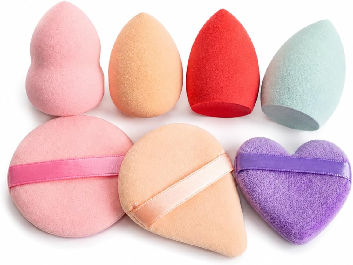 Kit 7 Esponjas de Maquiagem Macias Aplicadoras para Base Corretivo Pó Blush Contorno Iluminador Uso Seco ou Úmido com Formatos Variados
