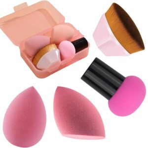 Kit Esponjas e Pincel para Maquiagem Profissional com Estojo – 1 Pincel Hexagonal, 1 Esponja Cogumelo, 2 Esponjas Gota 3D – Aplicação de Base, Corretivo, Contorno, Pó, Blush e Iluminador