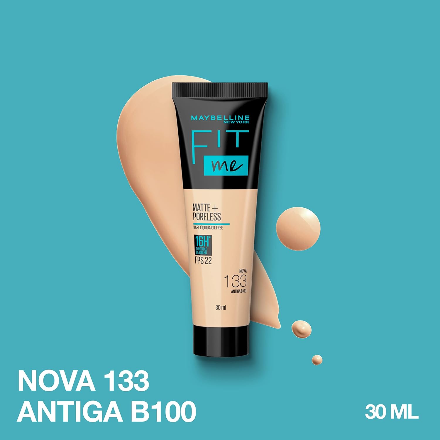 Maybelline NY Base Líquida Fit Me Matte FPS 22 e proteção UVA, Proporciona efeito natural, se adapta a pele, controla a oleaosidade, Cor 133 (Antiga B100), 30ml - Imagem 2
