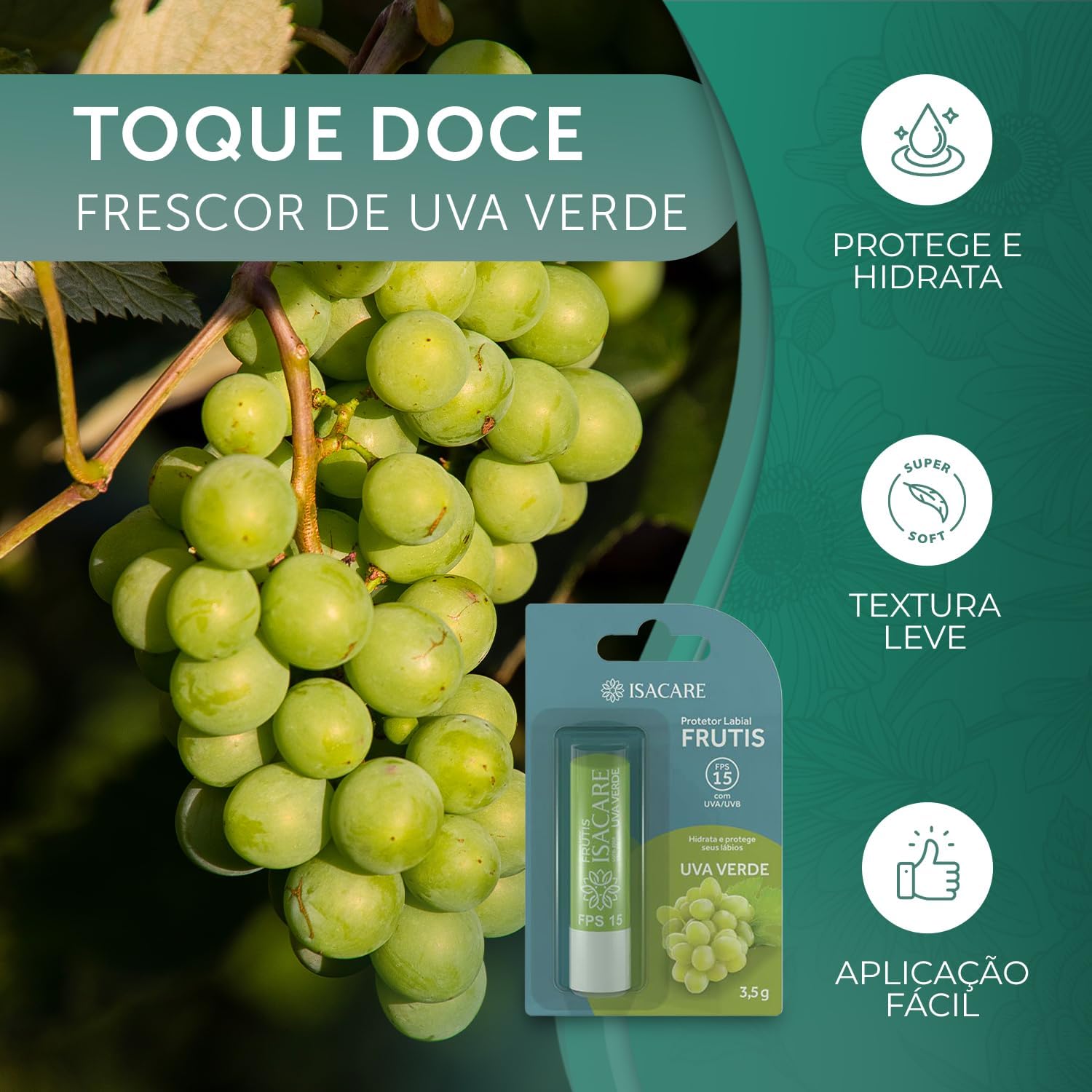 Isacare – Protetor Labial Frutis Uva Verde FPS 15 3,5g | Hidratação 24h, Brilho Natural e Proteção Solar - Imagem 2