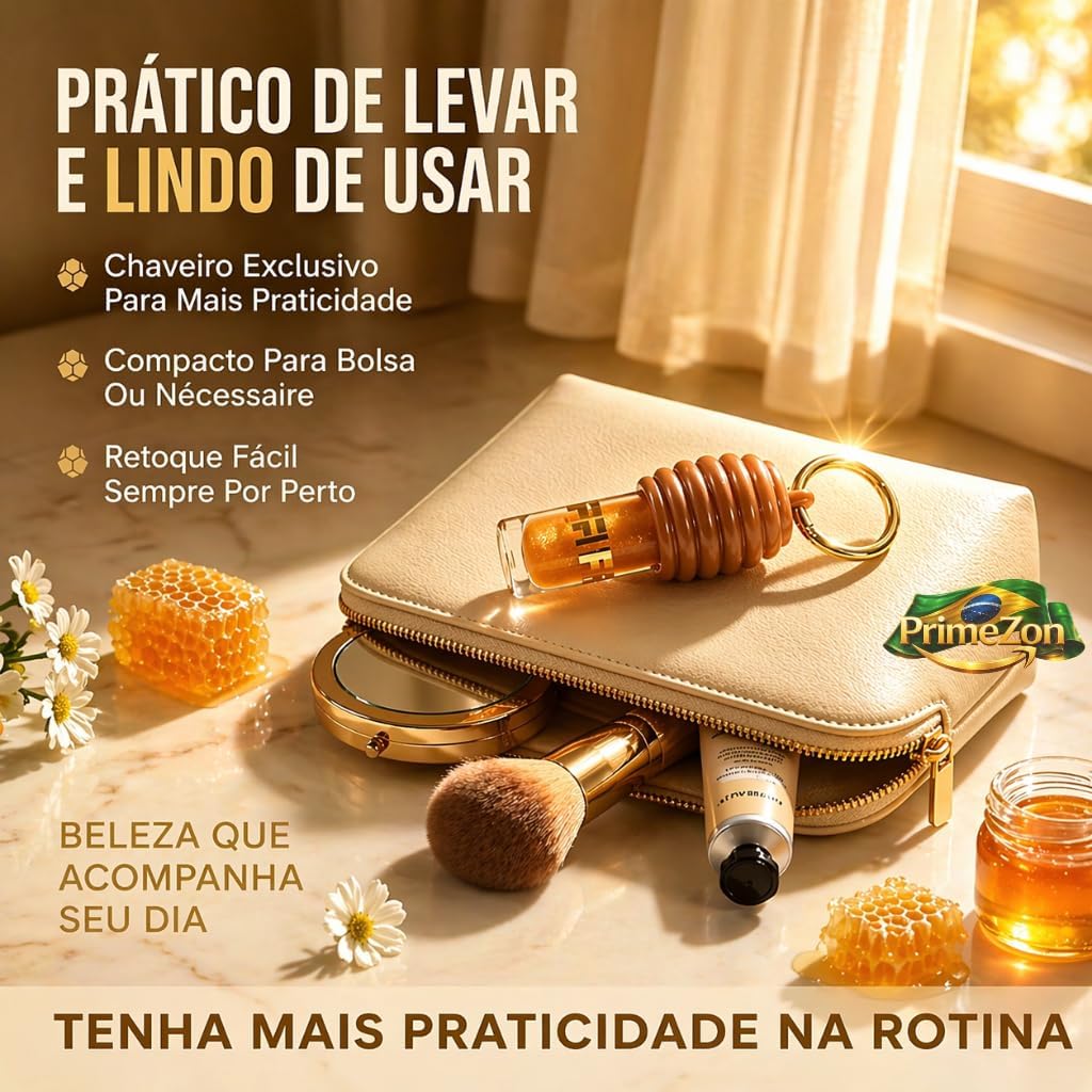 Gloss Labial Lip Honey com Aroma de Mel, Brilho Espelhado Intenso e Hidratação Profunda, Efeito Lábios Macios e Sedosos, Batom Líquido, Chaveiro Influencer Premium - Imagem 4