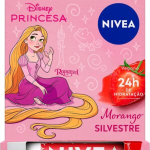 NIVEA Hidratante Labial Morango Silvestre Ed. Limitada Rapunzel Disney® Princesa 4,8g, Hidratação Intensa 24h, Cor Suave, Brilho Delicado, Manteiga de Karité