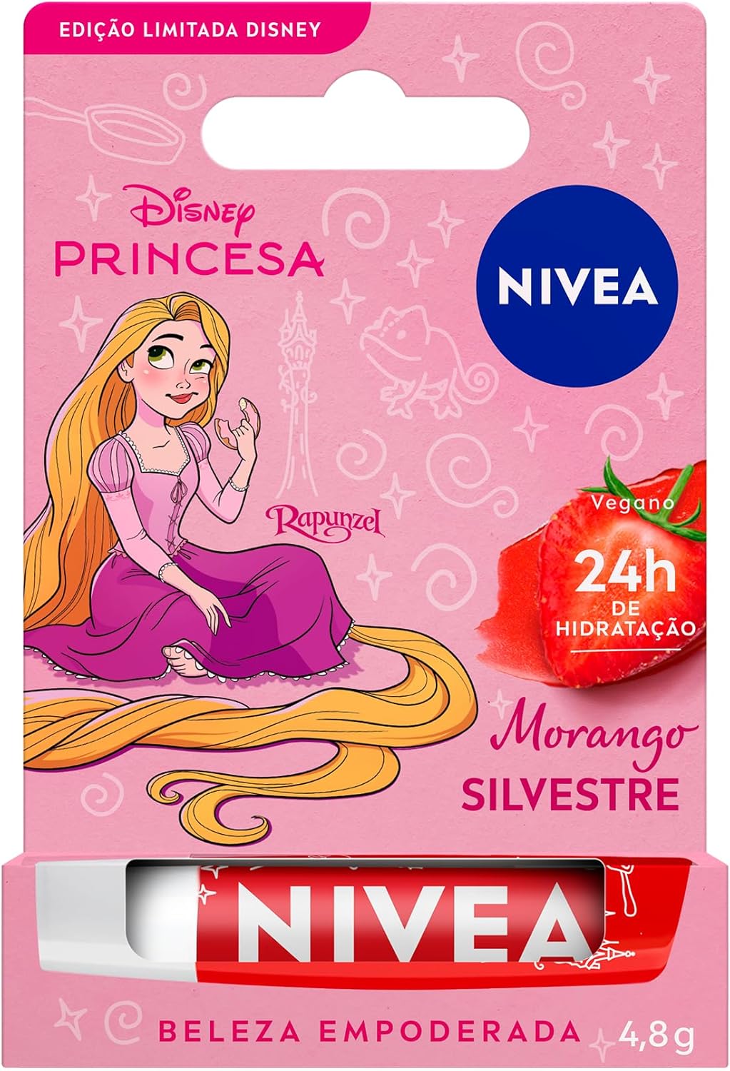 NIVEA Hidratante Labial Morango Silvestre Ed. Limitada Rapunzel Disney® Princesa 4,8g, Hidratação Intensa 24h, Cor Suave, Brilho Delicado, Manteiga de Karité