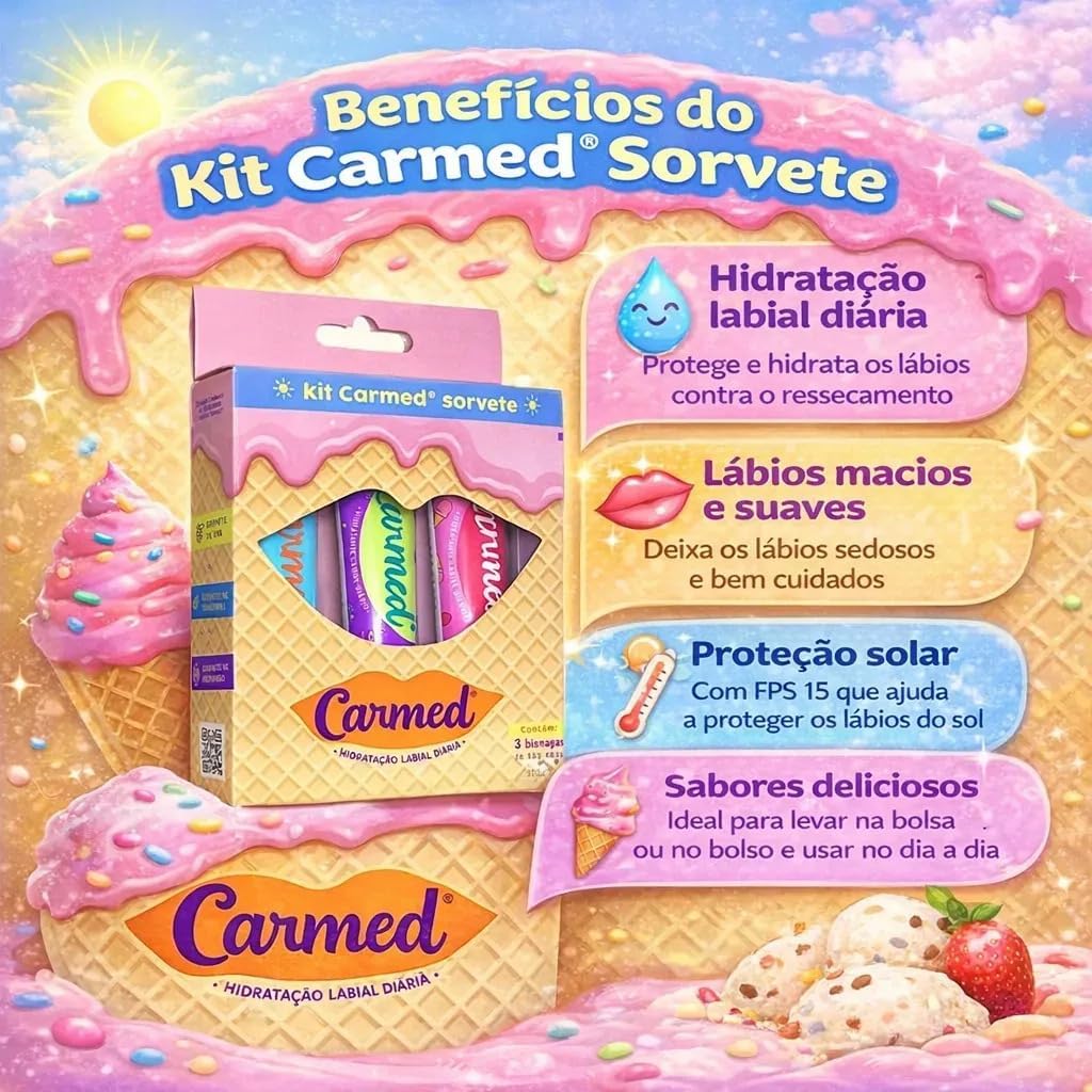 Carmed – Kit Hidratante Labial Sorvete 3x10g | Coleção com 3 Sabores Gelados | Hidratação Refrescante - Imagem 2