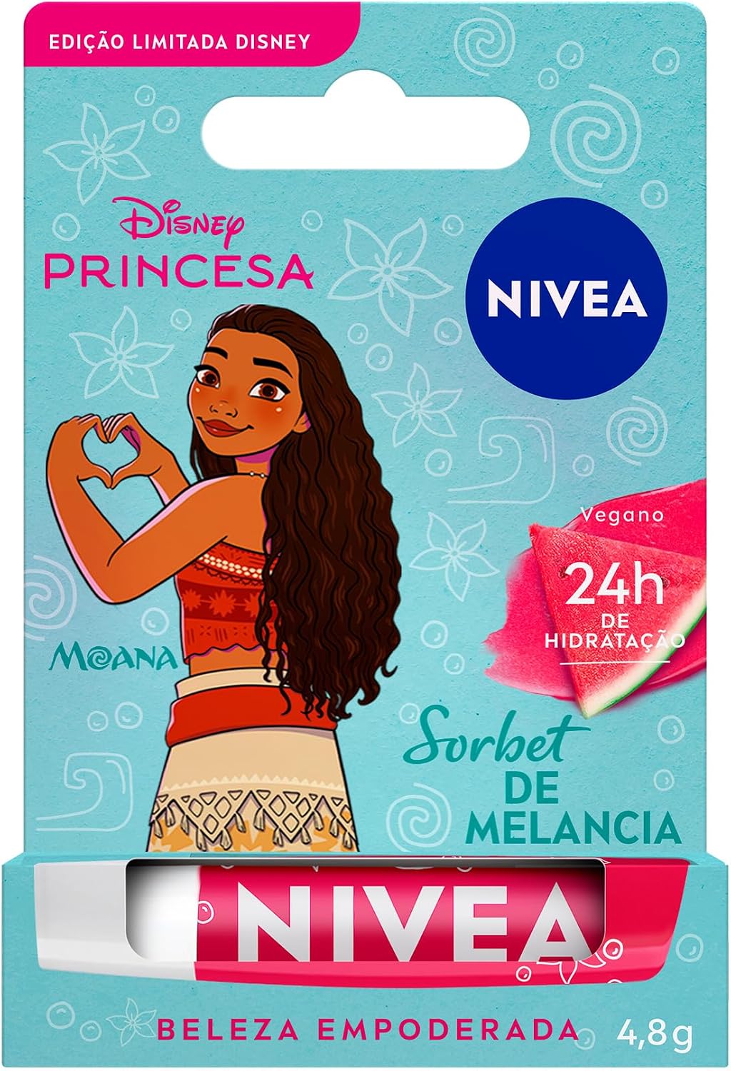 NIVEA Hidratante Labial Sorbet de Melancia Ed. Limitada Moana Disney® Princesa 4,8g, Hidratação Intensa 24h, Cor Suave, Brilho Delicado, Manteiga de Karité