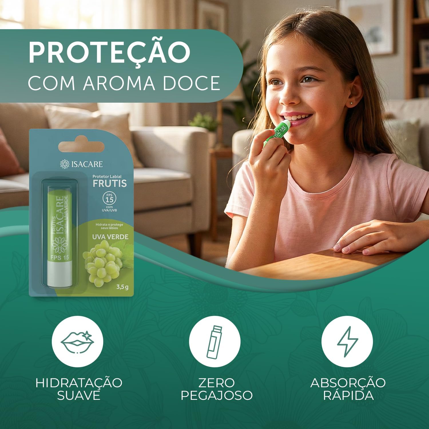 Isacare – Protetor Labial Frutis Uva Verde FPS 15 3,5g | Hidratação 24h, Brilho Natural e Proteção Solar - Imagem 3