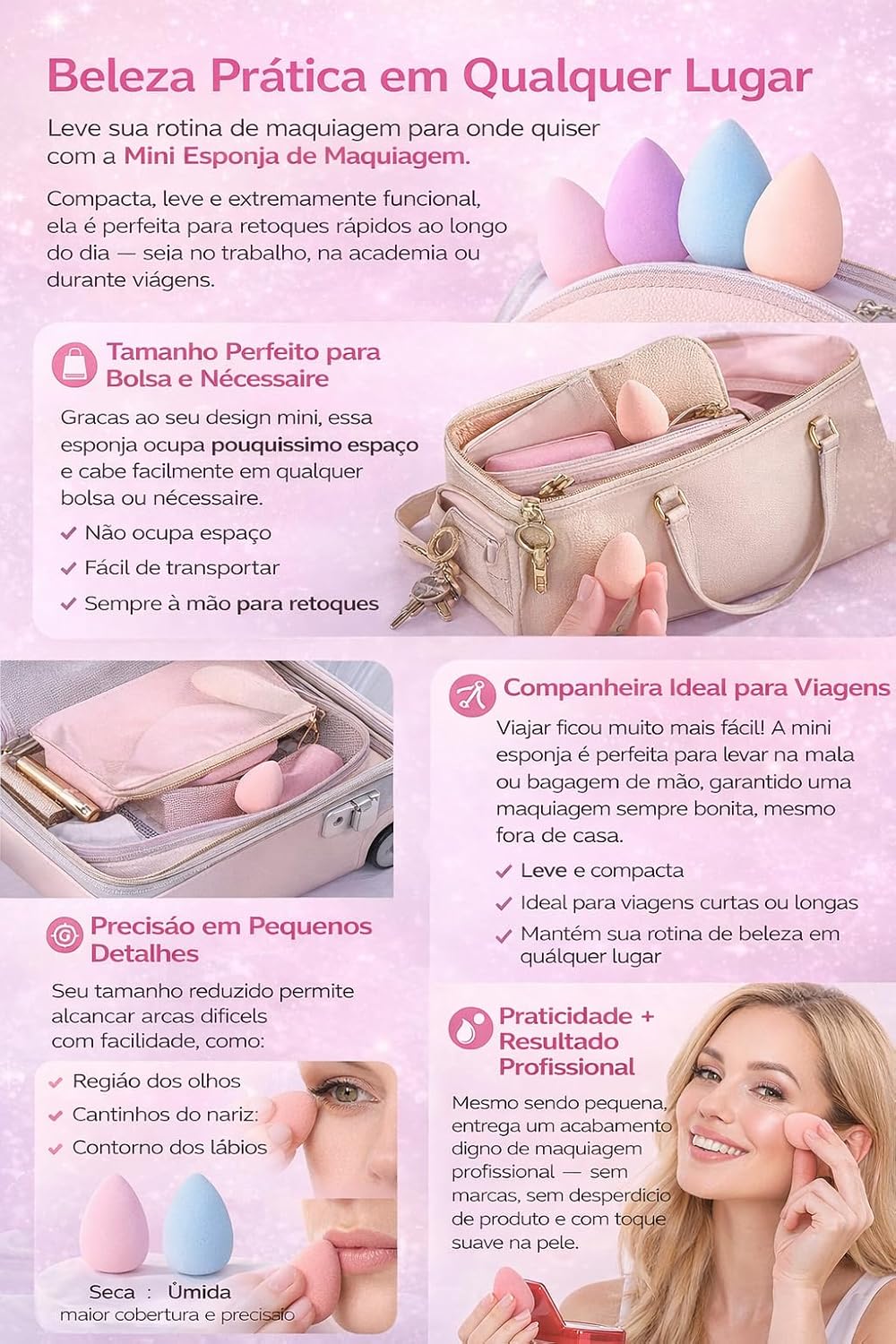 Kit 5 Mini Esponjas de Maquiagem Profissional – Ultra Macias Sem Látex, Uso Seco e Úmido, Perfeitas para Corretivo e Áreas de Difícil Acesso – Compactas para Bolsa e Viagem - Imagem 5