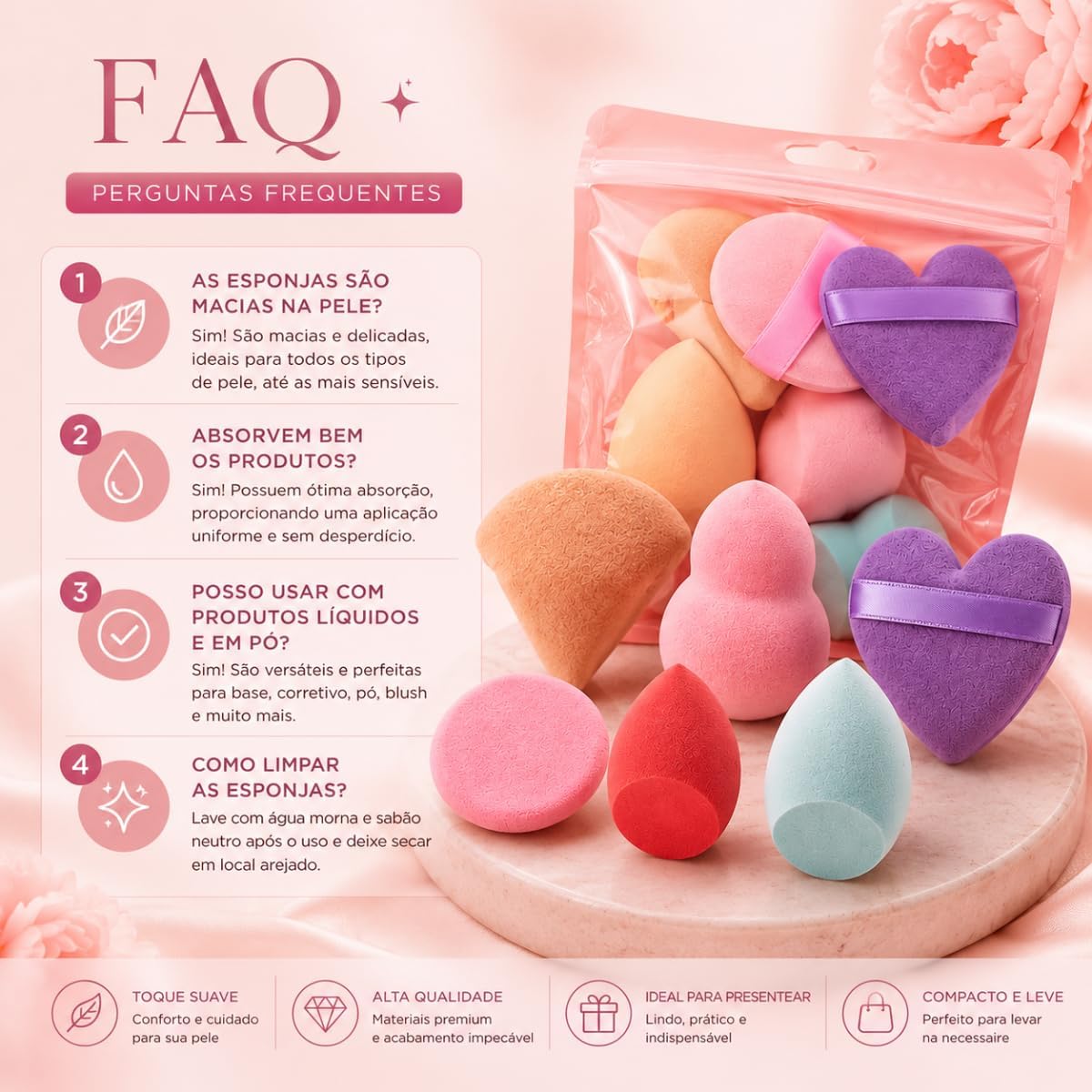 Kit 7 Esponjas de Maquiagem Macias Aplicadoras para Base Corretivo Pó Blush Contorno Iluminador Uso Seco ou Úmido com Formatos Variados - Imagem 7