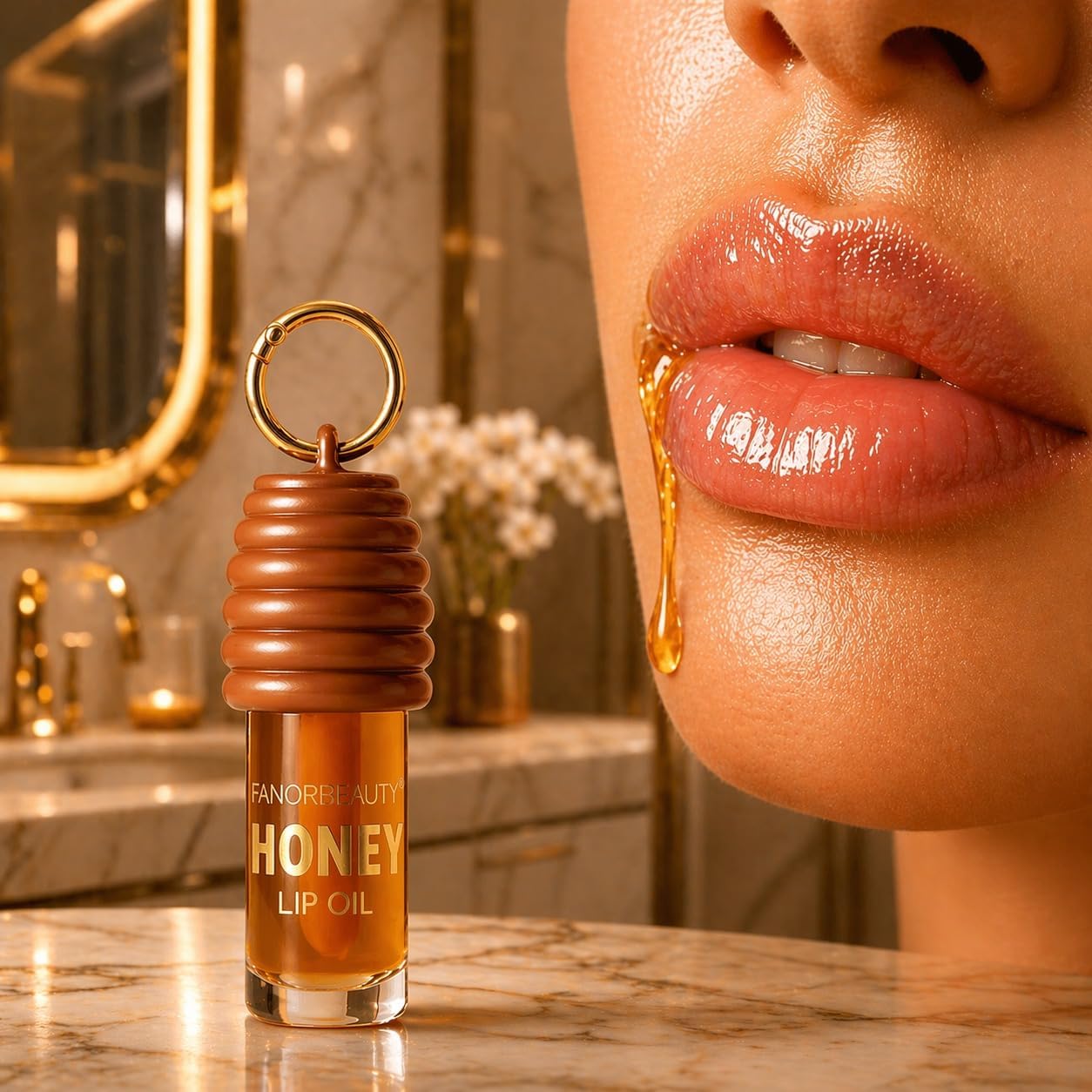 Gloss Labial Lip Honey com Aroma de Mel, Brilho Espelhado Intenso e Hidratação Profunda, Efeito Lábios Macios e Sedosos, Batom Líquido, Chaveiro Influencer Premium - Imagem 6