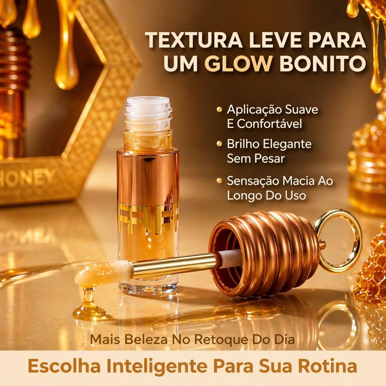 Gloss Labial Lip Honey com Aroma de Mel, Brilho Espelhado Intenso e Hidratação Profunda, Efeito Lábios Macios e Sedosos, Batom Líquido, Chaveiro Influencer Premium - Imagem 2