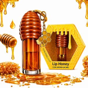Gloss Labial Lip Honey com Aroma de Mel, Brilho Espelhado Intenso e Hidratação Profunda, Efeito Lábios Macios e Sedosos, Batom Líquido, Chaveiro Influencer Premium