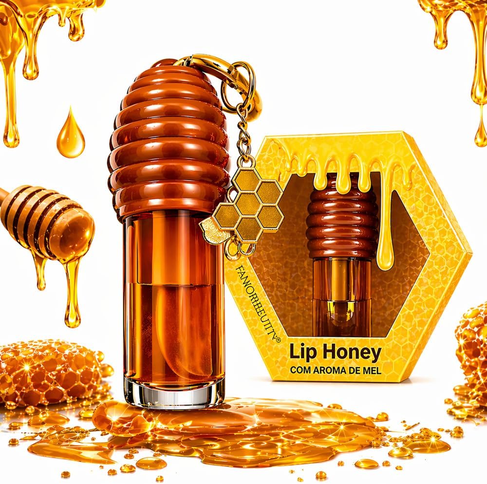 Gloss Labial Lip Honey com Aroma de Mel, Brilho Espelhado Intenso e Hidratação Profunda, Efeito Lábios Macios e Sedosos, Batom Líquido, Chaveiro Influencer Premium