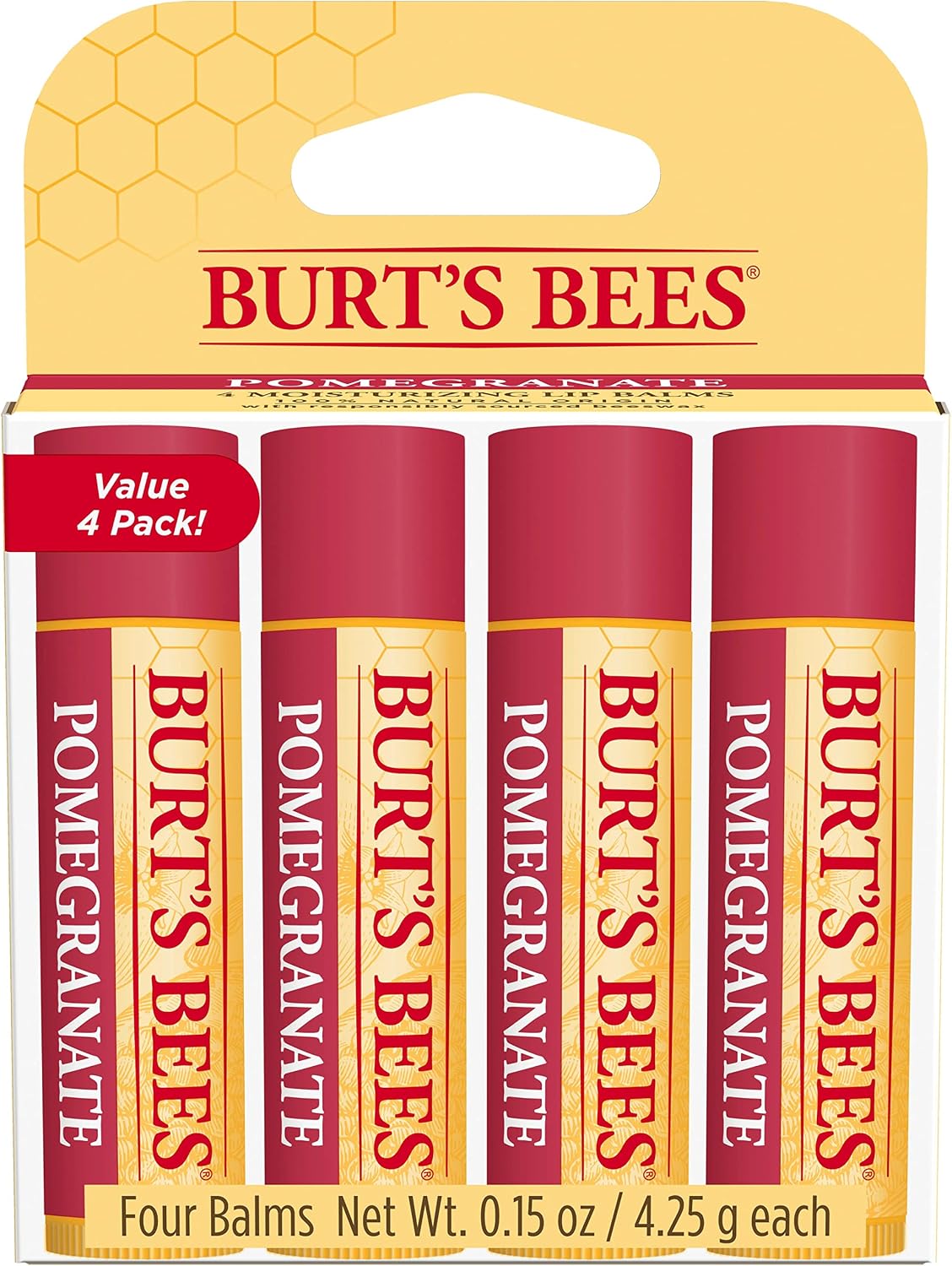 Burt's Bees Bálsamo labial, hidratante para os lábios, 100% natural, Romã com cera de abelha e extratos de frutas (embalagem com 4)