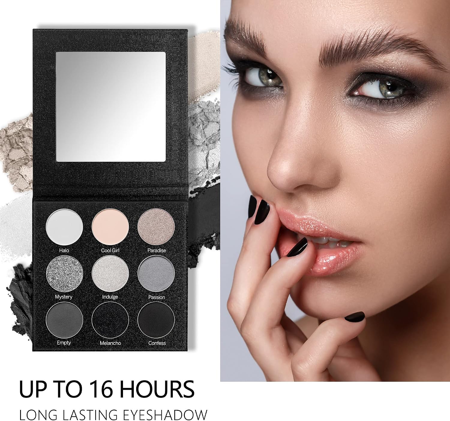 MAKI YIKA Black Grey Smoky Eyeshadow Palette, Matte Black White Gray Silver High Pigmented Smokey Eye Shadow, 9 Colors Long Lasting Shimmer Powder Makeup Palette For Goth Look (Black) - Imagem 5