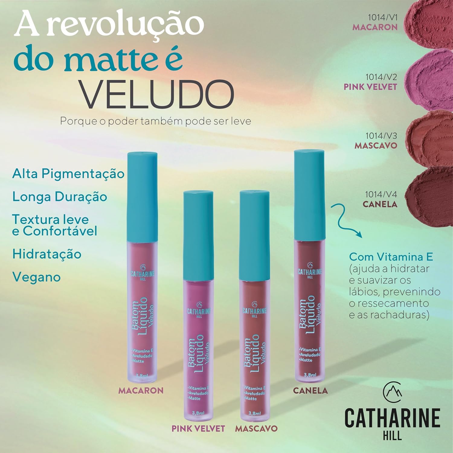 Catharine Hill Batom Líquido Veludo 1014/V2 Pink Velvet 3,8ml Acabamento Aveludado Matte Elegante Vitamina E Silicone - Imagem 7