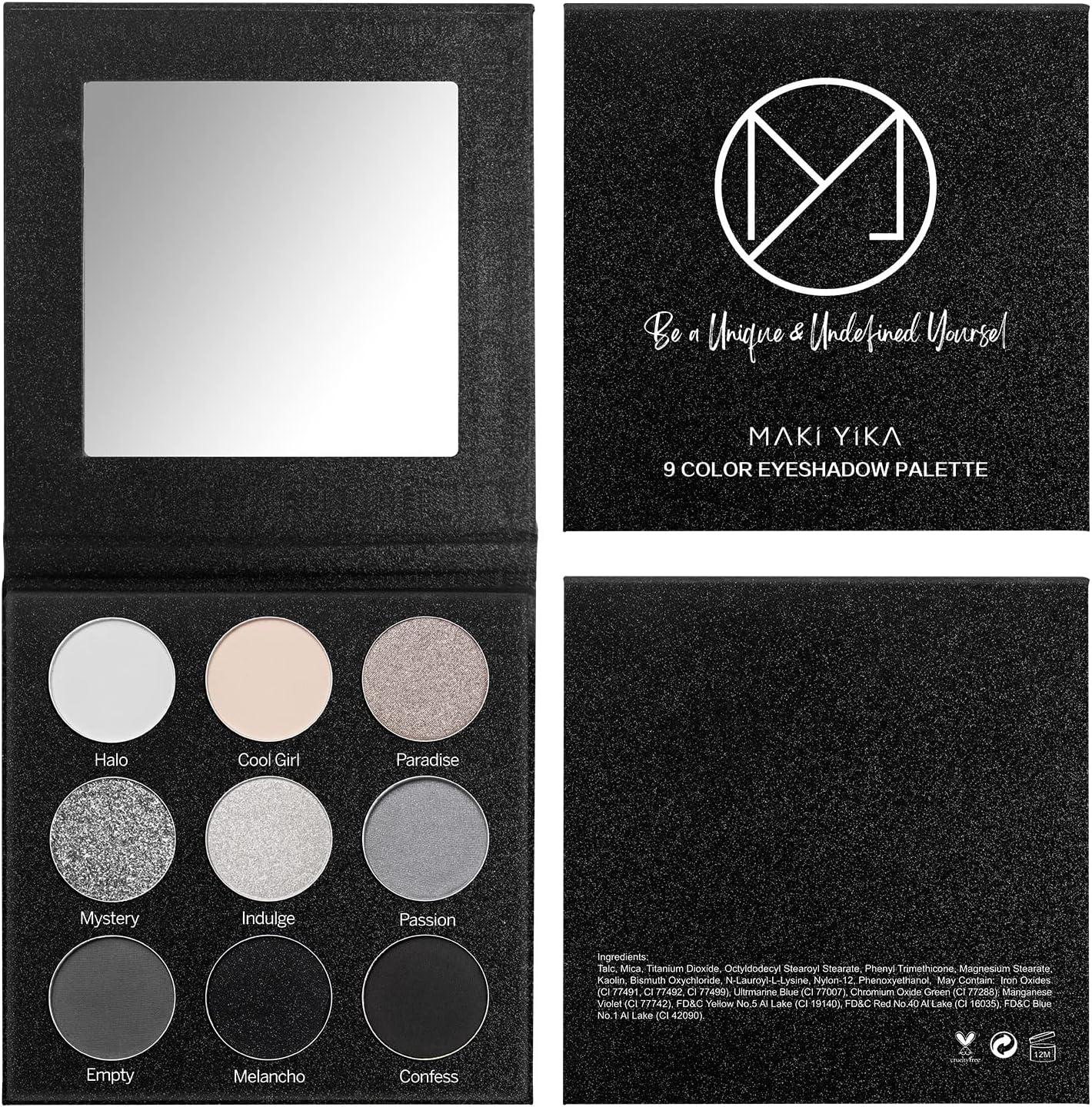 MAKI YIKA Black Grey Smoky Eyeshadow Palette, Matte Black White Gray Silver High Pigmented Smokey Eye Shadow, 9 Colors Long Lasting Shimmer Powder Makeup Palette For Goth Look (Black) - Imagem 8