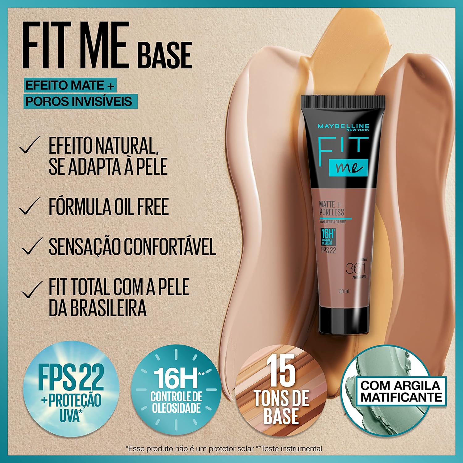 Maybelline NY Base Líquida Fit Me Matte FPS 22 e proteção UVA, Proporciona efeito natural, se adapta a pele, controla a oleaosidade, Cor 133 (Antiga B100), 30ml - Imagem 3