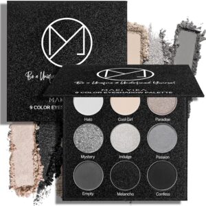 MAKI YIKA Black Grey Smoky Eyeshadow Palette, Matte Black White Gray Silver High Pigmented Smokey Eye Shadow, 9 Colors Long Lasting Shimmer Powder Makeup Palette For Goth Look (Black)
