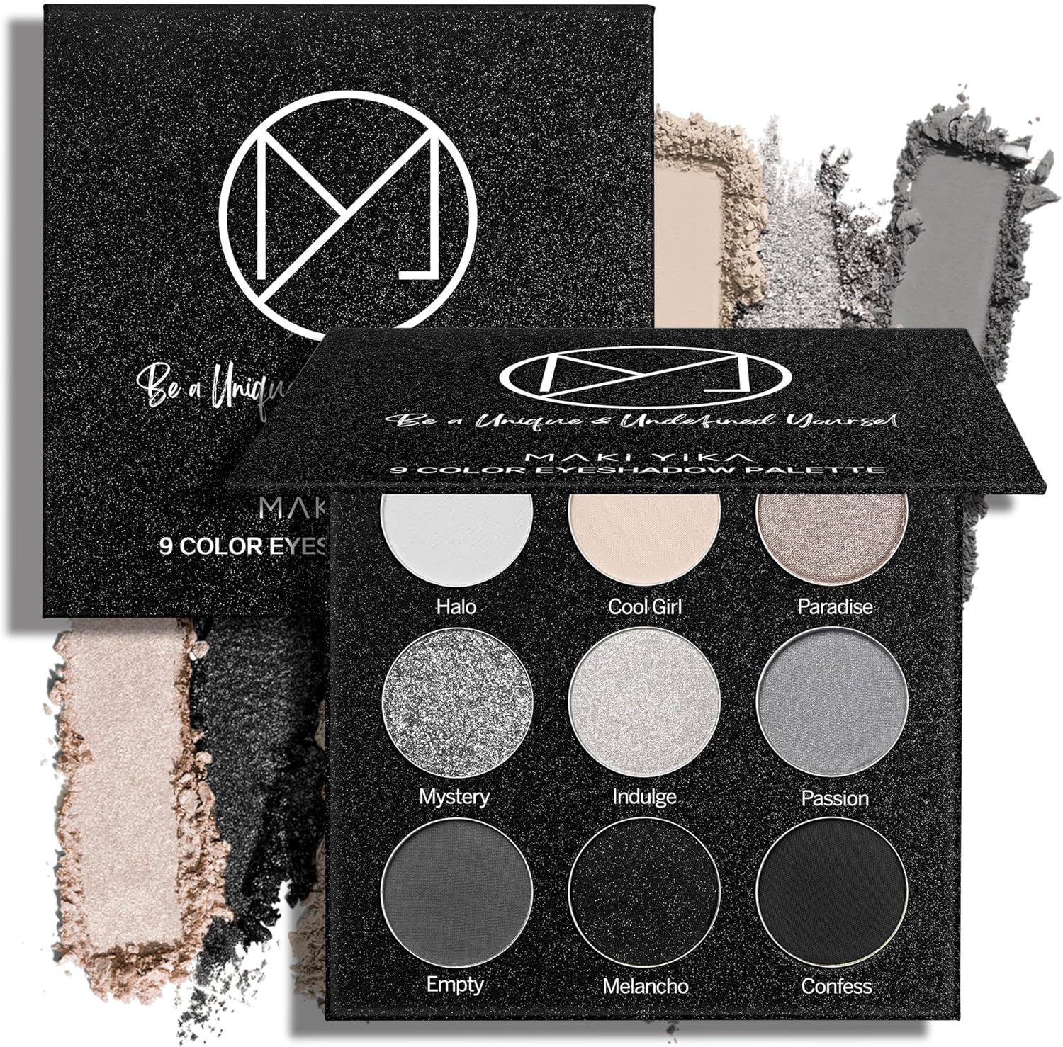 MAKI YIKA Black Grey Smoky Eyeshadow Palette, Matte Black White Gray Silver High Pigmented Smokey Eye Shadow, 9 Colors Long Lasting Shimmer Powder Makeup Palette For Goth Look (Black)