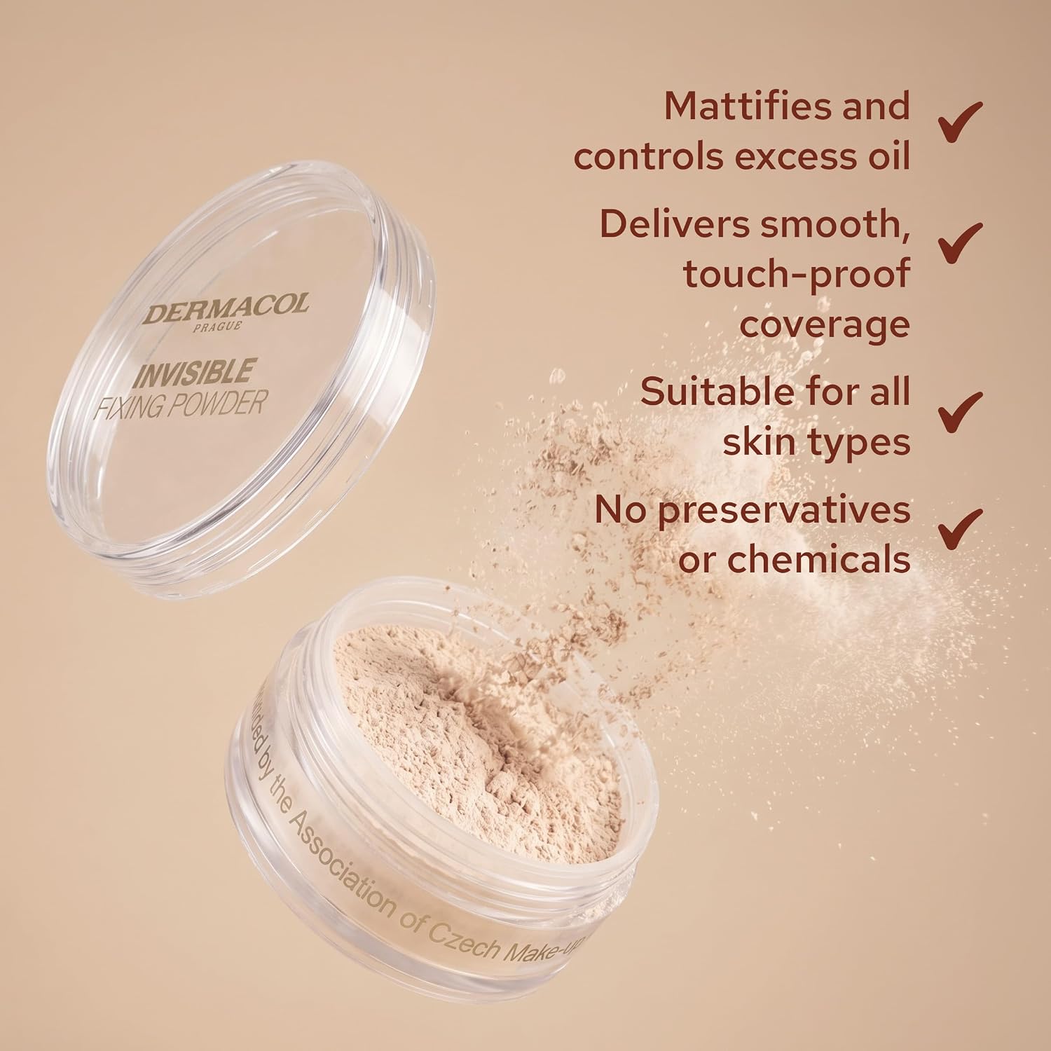 Pó fixador translúcido Dermacol Invisible Fixing Powder, acabamento matte, à prova de toque, para pele oleosa e outros tipos de pele, pó solto com esponja aplicadora, sem perfume, 13,5 g – LIGHT - Imagem 3